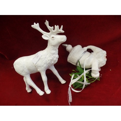 204 - 2 X LARGE WHITE CHRISTMAS DECORATIONS. A REINDEER, AND A SANTA WITH MISTLETOE-WAITING FOR HIS KISS.