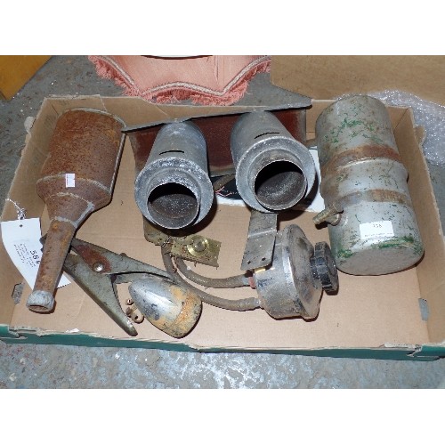 292 - BOX OF MIXED VINTAGE ITEMS, CAR PARTS, BYCYCLE LAMP, WELDERS EARTH CLAMP, FUEL FILTER, PETROL TANK E... 