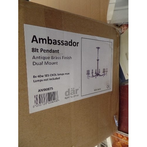 239 - LARGE 'CHANDELIER STYLE' PENDANT LIGHT. AMBASSADOR 8 X LIGHT. APPEARS NEW/BOXED.