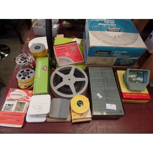 246 - LARGE VINTAGE SLIDE EQUIPMENT LOT. INC GNOME CIRCULAR SLIDE MAGAZINE, INDEX BOX FULL OF SLIDES, COLO... 