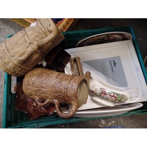 254 - LARGE CRATE OF VINTAGE CERAMICS AND GLASSWARE. INC 2 X LARGE 'HILLSTONIA'  JUGS, CARNIVAL-WARE BOWLS... 