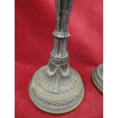 264 - 3 X HEAVY BRASS ORNATE CANDLESTICKS.