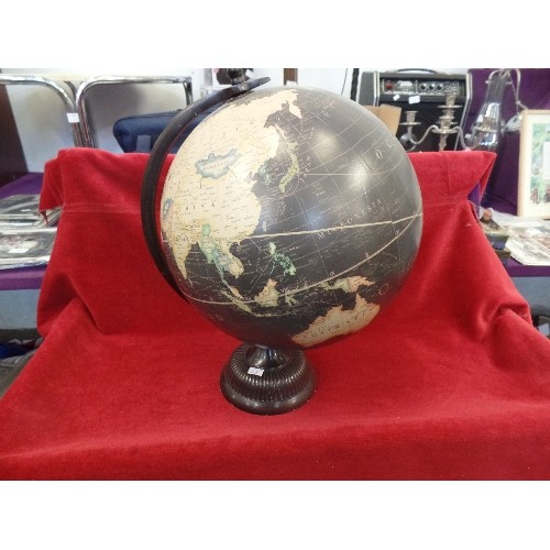 275 - GLOBE, DRAMATIC BLACK 'SEA' BACKGROUND. ON METAL BASE.