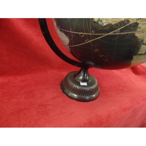 275 - GLOBE, DRAMATIC BLACK 'SEA' BACKGROUND. ON METAL BASE.