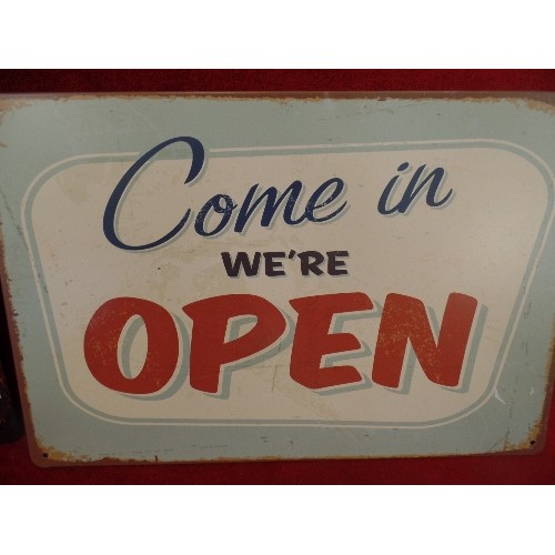 278 - 2 X SMALL REPRO METAL SIGNS. PEPSI-COLA, AND 'COME IN WE'RE OPEN'