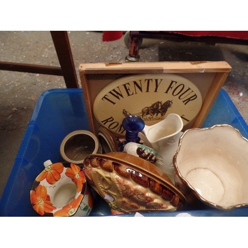 283 - CRATE OF VINTAGE CERAMICS. INC LOVELY HEAVY PATTERNED LIDDED TUREEN, VASES, JUGS ETC ETC.