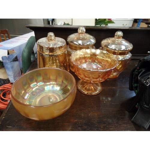 382 - CARNIVAL WARE. AMBER. 3 X LIDDED CANNISTERS, BON-BON DISH AND A BOWL.