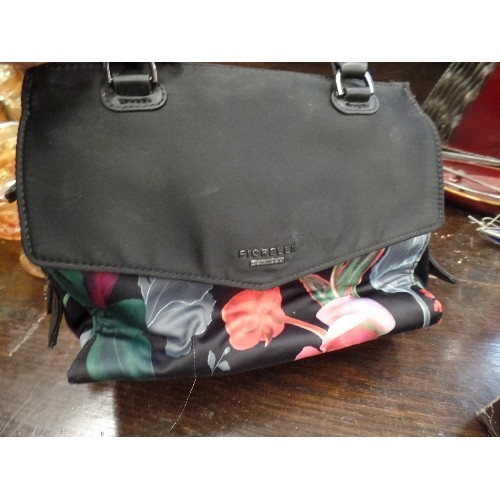 383 - FIORELLI HANDBAG. BLACK & FLORAL 'SATIN'