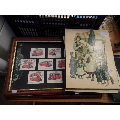 551 - 5 X RONALD EMBLETON PICTURES, VICTORIAN THEME. ALSO  2 X LONDON-BUS FRAMED ITEMS. .