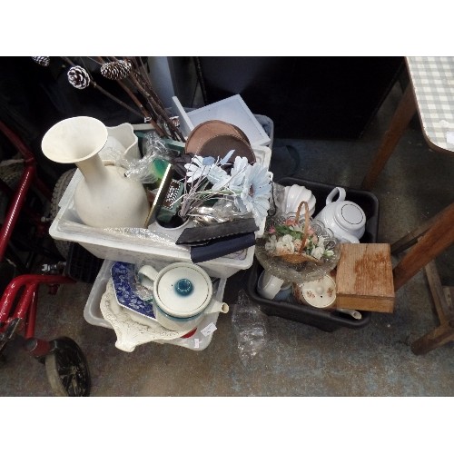 563 - 4 X LARGE CRATES OF MIXED HOUSEHOLD ITEMS. VINTAGE MEAT-PLATES & CROCKERY, ORNAMENTS, WEDGWOOD TEAPO... 