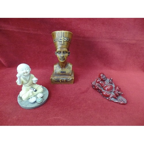 1 - CHINESE RECLINING BUDDHA (CINNABAR LACQUER?), AN EGYPTIAN NEFERTITI BUST AND A FIGURE OF A CHINESE B... 