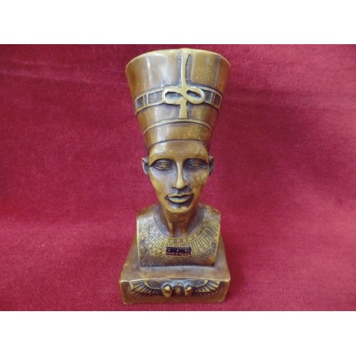 1 - CHINESE RECLINING BUDDHA (CINNABAR LACQUER?), AN EGYPTIAN NEFERTITI BUST AND A FIGURE OF A CHINESE B... 