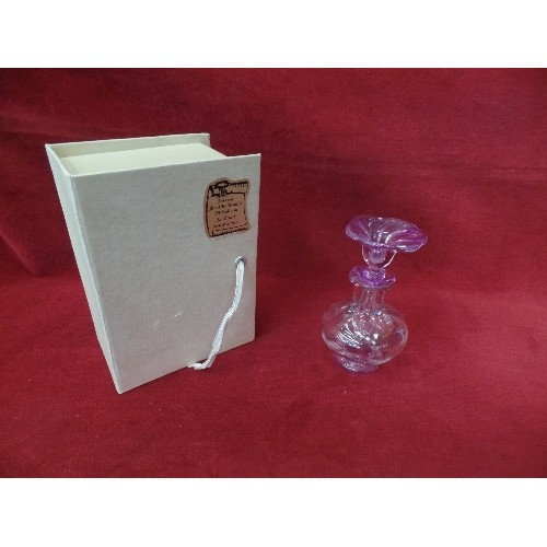 3 - A PRETTY HAND BLOWN FRENCH GLASS SCENT BOTTLE WITH PURPLE FLOWER DIBBER LID - IN ORIGINAL BOX BY ST ... 