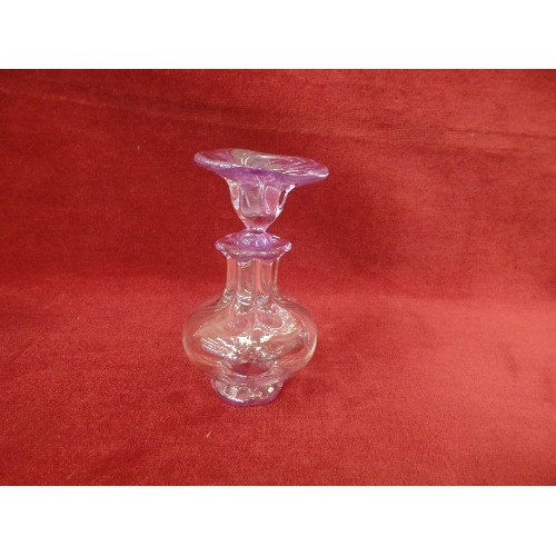 3 - A PRETTY HAND BLOWN FRENCH GLASS SCENT BOTTLE WITH PURPLE FLOWER DIBBER LID - IN ORIGINAL BOX BY ST ... 