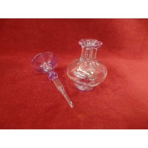 3 - A PRETTY HAND BLOWN FRENCH GLASS SCENT BOTTLE WITH PURPLE FLOWER DIBBER LID - IN ORIGINAL BOX BY ST ... 