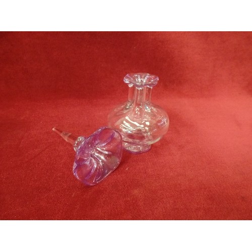 3 - A PRETTY HAND BLOWN FRENCH GLASS SCENT BOTTLE WITH PURPLE FLOWER DIBBER LID - IN ORIGINAL BOX BY ST ... 