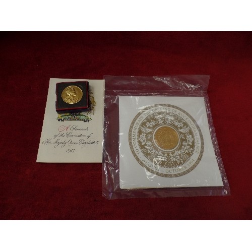 28 - A 1953 CORONATION MEDALLION IN BOX, A GILT MEDAL COMMEMORATING THE OPENING OF BUCKINGHAM PALACE AND ... 