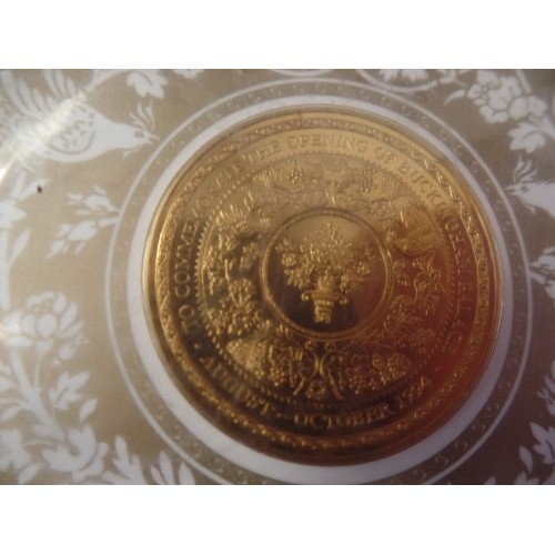 28 - A 1953 CORONATION MEDALLION IN BOX, A GILT MEDAL COMMEMORATING THE OPENING OF BUCKINGHAM PALACE AND ... 