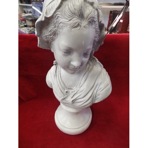 58 - A LARGE FRENCH CHALKWARE BUST OF A GIRL WITH A BONNET - 48CM