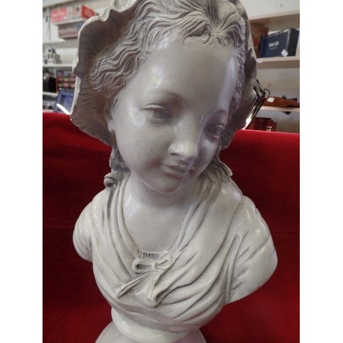 58 - A LARGE FRENCH CHALKWARE BUST OF A GIRL WITH A BONNET - 48CM