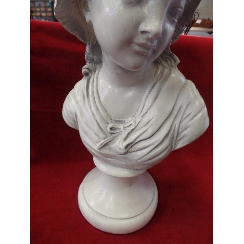 58 - A LARGE FRENCH CHALKWARE BUST OF A GIRL WITH A BONNET - 48CM