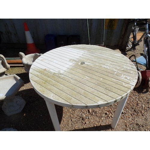 409 - WHITE PLASTIC CIRCULAR PATIO TABLE.