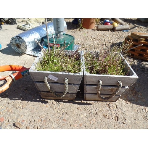 534 - 2 X SMALL WOODEN CRATE PLANTERS, WITH ROPE HANDLES.