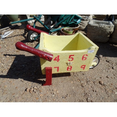 537 - LOVELY LITTLE HAND-MADE CHILD'S WHEELBARROW/ DECORATIVE PLANTER. RED NUMBERS PAINTED ON LEMON BACKGR... 