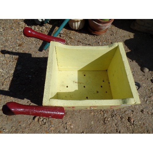 537 - LOVELY LITTLE HAND-MADE CHILD'S WHEELBARROW/ DECORATIVE PLANTER. RED NUMBERS PAINTED ON LEMON BACKGR... 