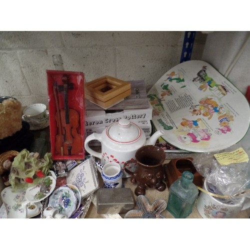 636 - SHELF OF MIXED ITEMS INCLUDING LECREUSET PATE / MEATLOAF TERRINE, VICTORIAN STONEWARE JAR, WADE STAR... 