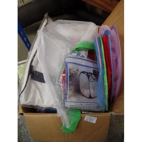 637 - BOX OF MESH FIBRE FOLDING LAUNDRY BAGS - SEVERAL ARE NEW IN PACKAGING