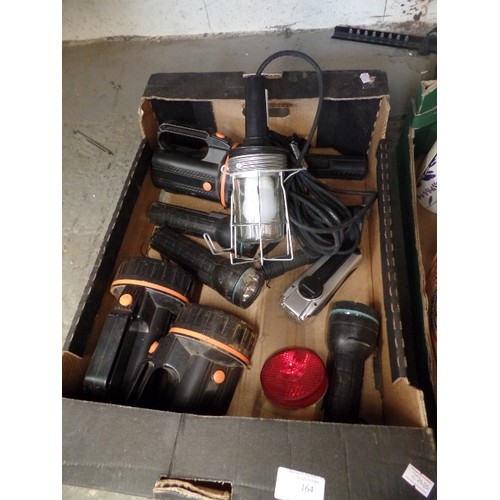 111B - CRATE OF VARIOUS TORCHES, INSPECTION LAMP WITH LONG CABLE ETC.