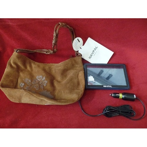 70 - NAVPAL SATNAV WITH CAR CHARGER. TOGETHER WITH COW-LEATHER SUEDE BAG WITH LEATHER KNOTTED STRAP. MONO... 