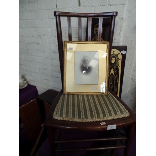 170 - MIXED LOT, INCLUDES, LOVELY LITTLE VINTAGE MAHOGANY BEDROOM CHAIR. LOW SEAT WITH REGENCY FABRIC. ALS... 