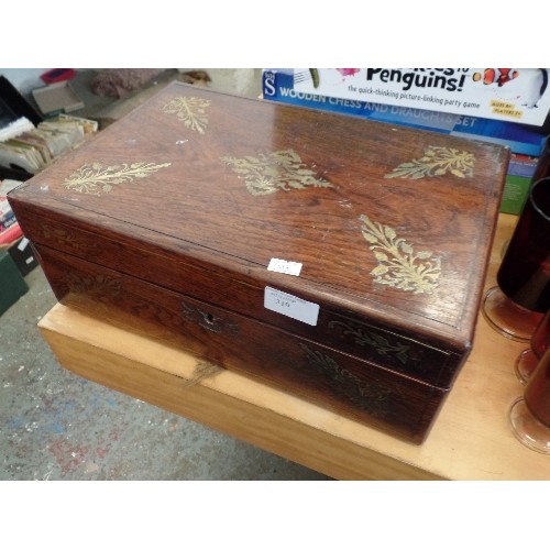 99 - VICTORIAN WOODEN WRITING SLOPE/BOX WITH ATTRACTIVE BRASS INLAY.