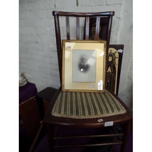171 - MIXED LOT, INCLUDES LITTLE VINTAGE MAHOGANY BEDROOM CHAIR. LOW SEAT WITH REGENCY FABRIC. ALSO 2 X EC... 