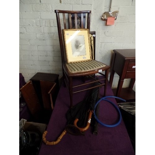 171 - MIXED LOT, INCLUDES LITTLE VINTAGE MAHOGANY BEDROOM CHAIR. LOW SEAT WITH REGENCY FABRIC. ALSO 2 X EC... 