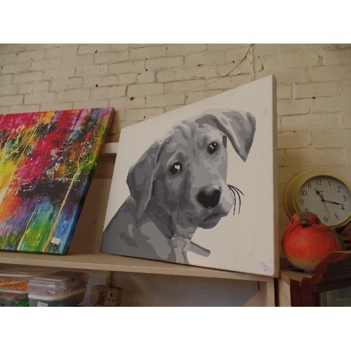 66 - LARGE GREY/WHITE PAINTING ON CANVAS OF LABRADOR PUPPY.
