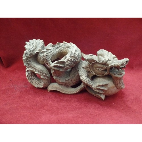 84 - WELL MADE VINTAGE CARVED CHINESE DRAGON HOLDING A PUZZLE BALL