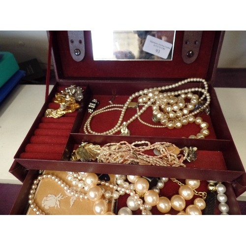 93 - VINTAGE PEARL NECKLACES, EAR-RINGS, COSTUME JEWELLERY. CONTAINED IN A 3-TIER JEWELLERY BOX.
