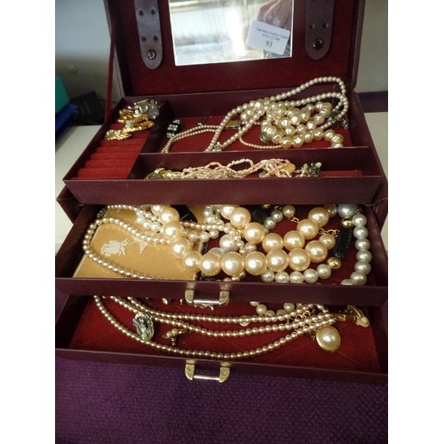 93 - VINTAGE PEARL NECKLACES, EAR-RINGS, COSTUME JEWELLERY. CONTAINED IN A 3-TIER JEWELLERY BOX.
