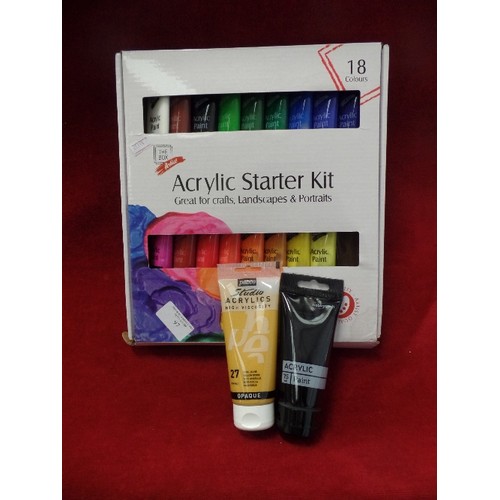 97 - ARTISTS ACRYLIC STARTER KIT. ALMOST COMPLETE SET OF ACRYLIC TUBES[1 MISSING?] AND 2 FURTHER LARGER T... 