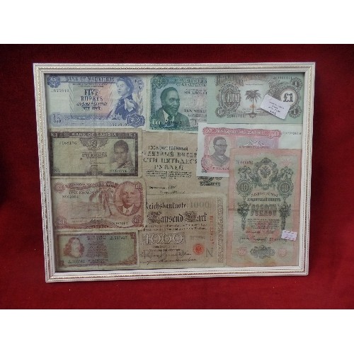 105 - GLAZED FRAME CONTAINING BANKNOTES FROM AROUND THE WORLD. MALAWI, MAURITIUS, REPUBLIC OF BIAFRA, ZAMB... 