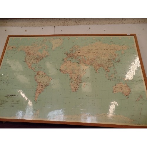 112 - LARGE RETRO-VINTAGE BARTHOLOMEW WORLD MAP. POLITICAL MAP, AND PHYSICAL RELIEF. FRAMED.