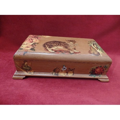 117 - WOODEN BOX, DECORATED WITH CAT DECOUPAGE DETAIL. HINGED LID.