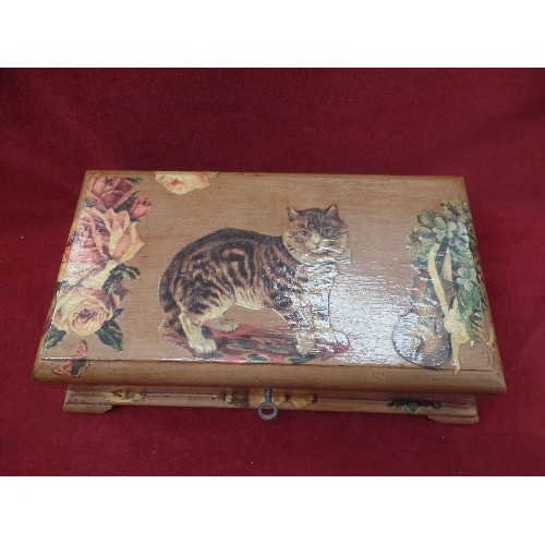 117 - WOODEN BOX, DECORATED WITH CAT DECOUPAGE DETAIL. HINGED LID.