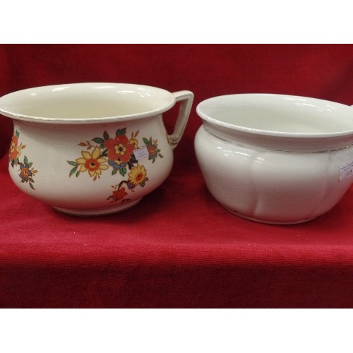 120 - 2 VINTAGE CHAMBER POTS. A FLORAL BURLEIGHWARE, AND AN IRONSTONE.