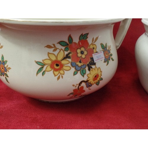 120 - 2 VINTAGE CHAMBER POTS. A FLORAL BURLEIGHWARE, AND AN IRONSTONE.