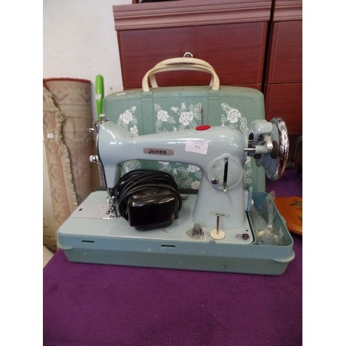 151 - RETRO-VINTAGE JONES SEWING MACHINE, IN A LOVELY DUCK-EGG BLUE. WITH FLORAL RIGID CARRY CASE.
