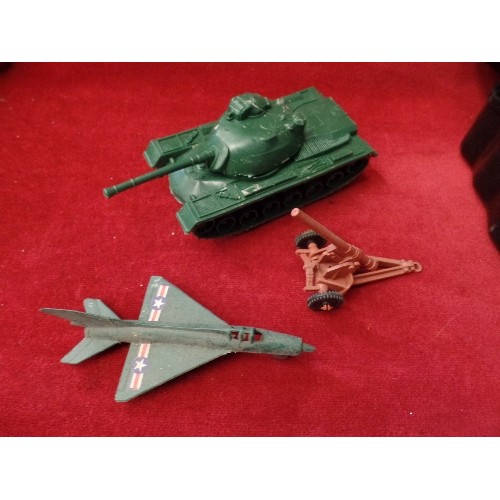164 - COLLECTION OF PLASTIC MILITARY FIGURES, HELICOPTERS, TANKS ETC ETC.